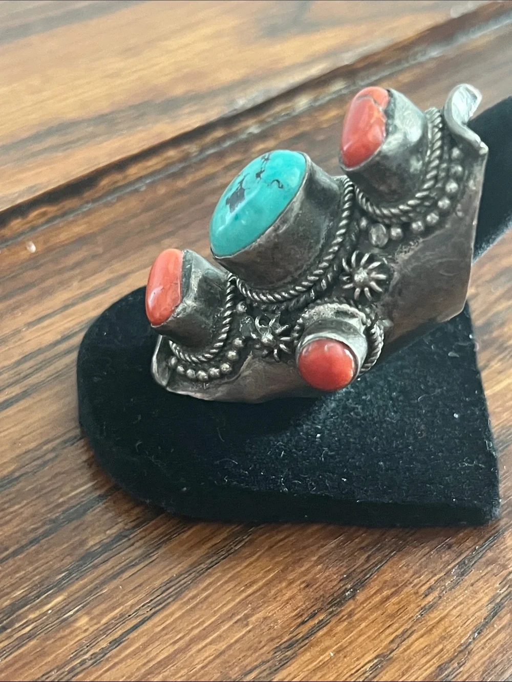 Tibetan 925 Silver Saddle Ring - Turquoise and Coral